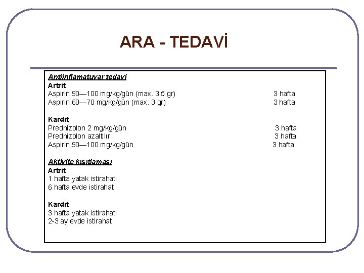 ARA - TEDAVİ Antiinflamatuvar tedavi Artrit Aspirin 90— 100 mg/kg/gün (max. 3. 5 gr) ARA - TEDAVİ Antiinflamatuvar tedavi Artrit Aspirin 90— 100 mg/kg/gün (max. 3. 5 gr)