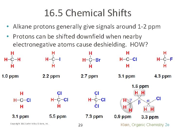 16. 5 Chemical Shifts • Alkane protons generally give signals around 1 -2 ppm