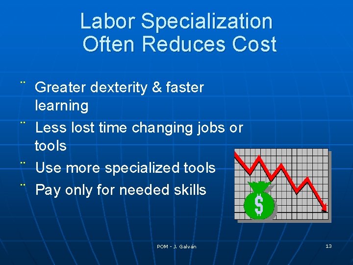 Labor Specialization Often Reduces Cost ¨ Greater dexterity & faster learning ¨ Less lost