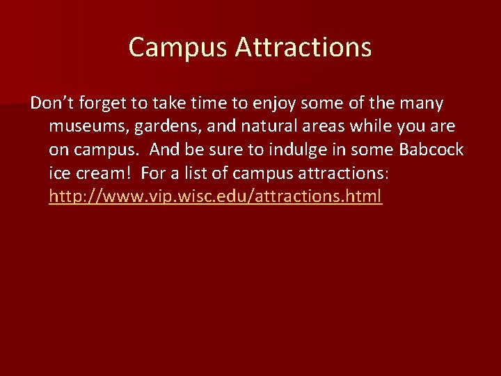 Campus Attractions Don’t forget to take time to enjoy some of the many museums,