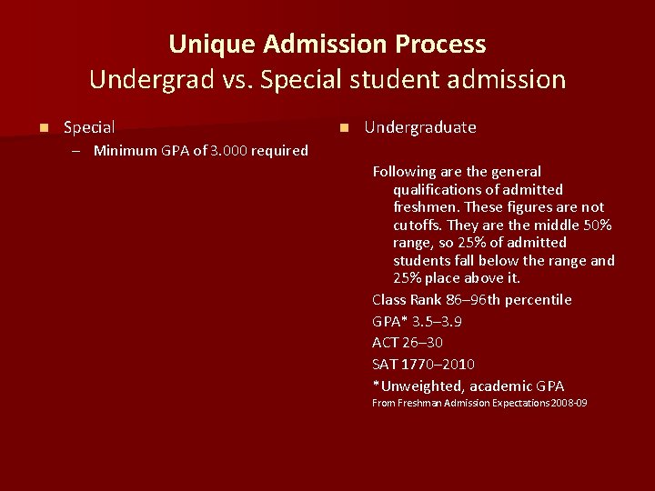 Unique Admission Process Undergrad vs. Special student admission n Special n Undergraduate – Minimum