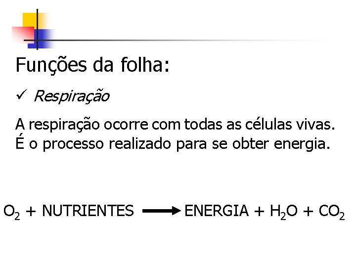 Funções da folha: ü Respiração A respiração ocorre com todas as células vivas. É