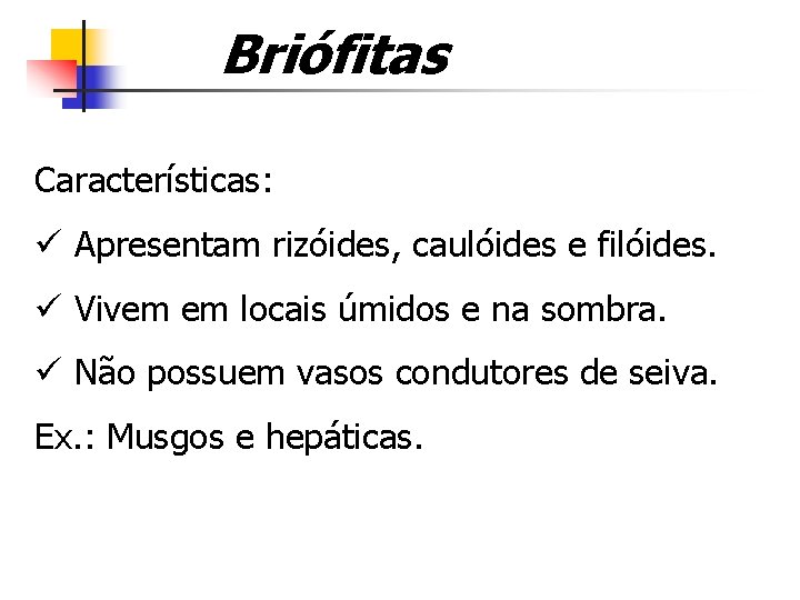 Briófitas Características: ü Apresentam rizóides, caulóides e filóides. ü Vivem em locais úmidos e