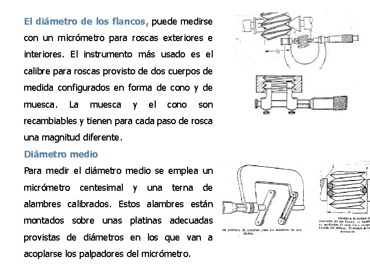 El diámetro de los flancos, puede medirse con un micrómetro para roscas exteriores e