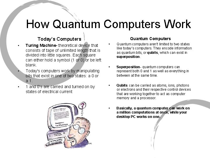 How Quantum Computers Work Quantum Computers Today’s Computers • • • Turing Machine- theoretical How Quantum Computers Work Quantum Computers Today’s Computers • • • Turing Machine- theoretical