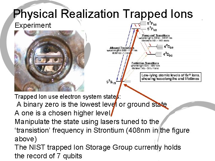 Physical Realization Trapped Ions Experiment Trapped Ion use electron system states: A binary zero Physical Realization Trapped Ions Experiment Trapped Ion use electron system states: A binary zero