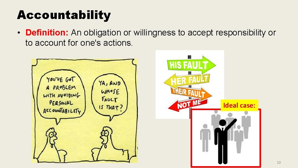 Accountability • Definition: An obligation or willingness to accept responsibility or to account for Accountability • Definition: An obligation or willingness to accept responsibility or to account for