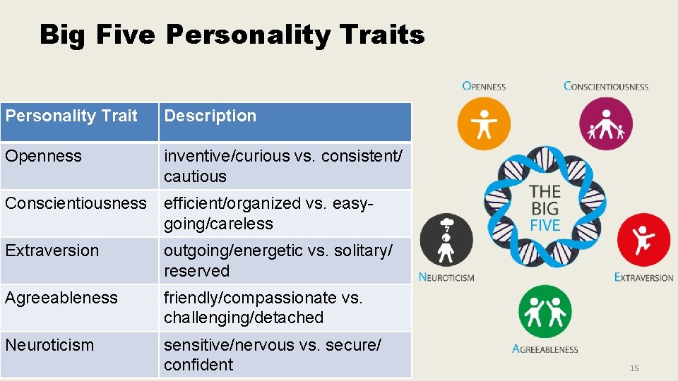Big Five Personality Traits Personality Trait Description Openness inventive/curious vs. consistent/ cautious Conscientiousness efficient/organized Big Five Personality Traits Personality Trait Description Openness inventive/curious vs. consistent/ cautious Conscientiousness efficient/organized
