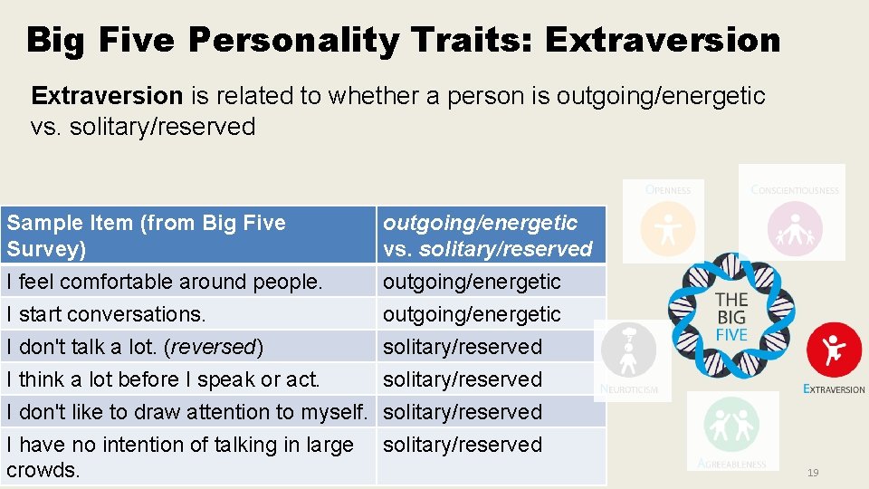 Big Five Personality Traits: Extraversion is related to whether a person is outgoing/energetic vs. Big Five Personality Traits: Extraversion is related to whether a person is outgoing/energetic vs.