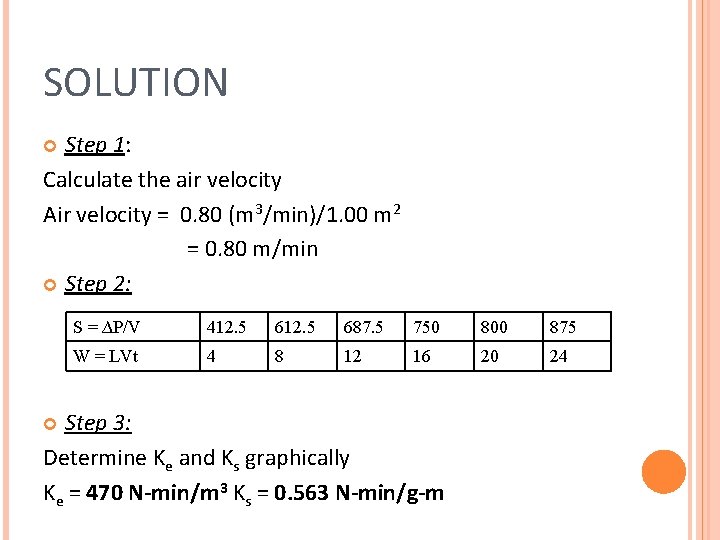 SOLUTION Step 1: Calculate the air velocity Air velocity = 0. 80 (m 3/min)/1.