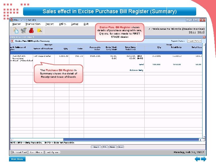 Sales effect in Excise Purchase Bill Register (Summary) Excise Purc. Bill Register shows details