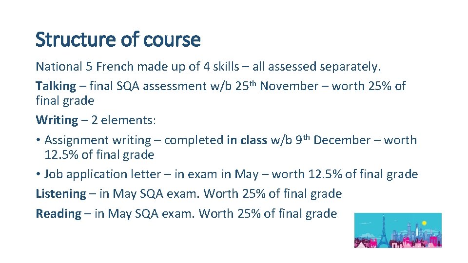 Structure of course National 5 French made up of 4 skills – all assessed