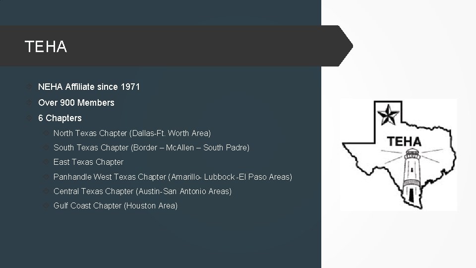 TEHA NEHA Affiliate since 1971 Over 900 Members 6 Chapters North Texas Chapter (Dallas-Ft.