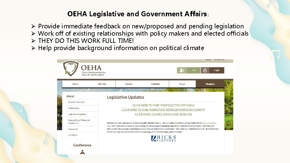 OEHA Legislative and Government Affairs: Ø Ø Provide immediate feedback on new/proposed and pending