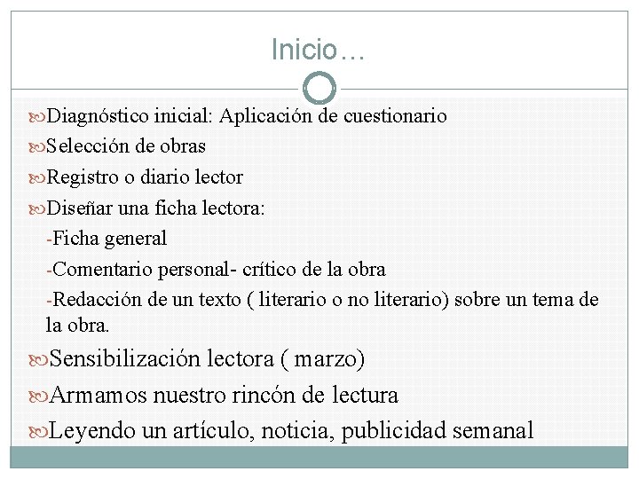 Inicio… Diagnóstico inicial: Aplicación de cuestionario Selección de obras Registro o diario lector Diseñar