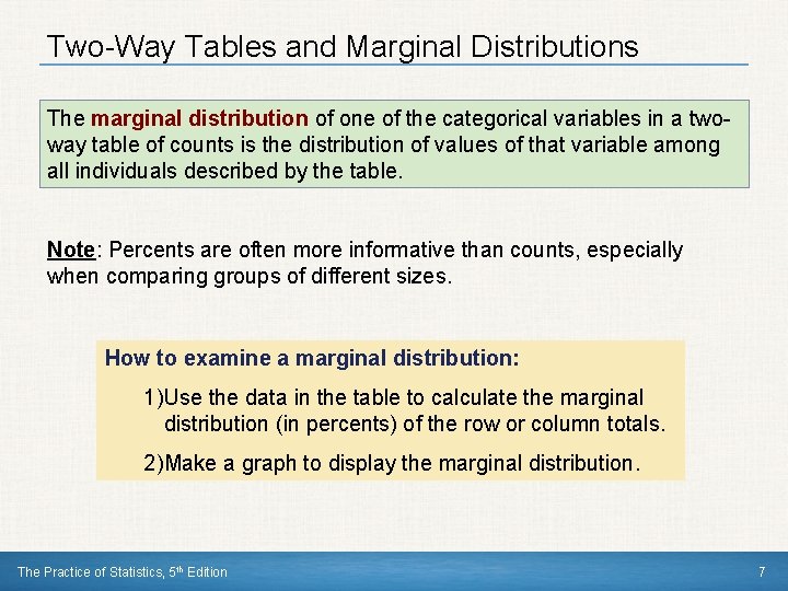 Two-Way Tables and Marginal Distributions The marginal distribution of one of the categorical variables