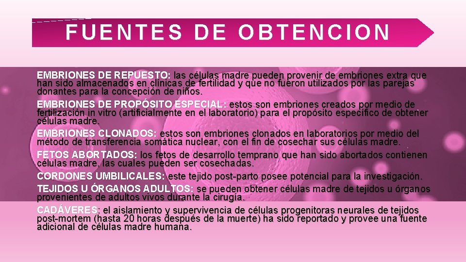 FUENTES DE OBTENCION EMBRIONES DE REPUESTO: las células madre pueden provenir de embriones extra