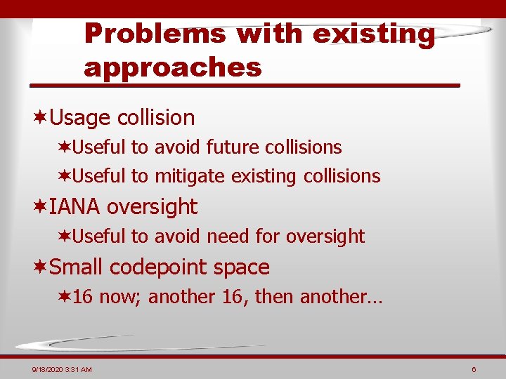 Problems with existing approaches ¬Usage collision ¬Useful to avoid future collisions ¬Useful to mitigate