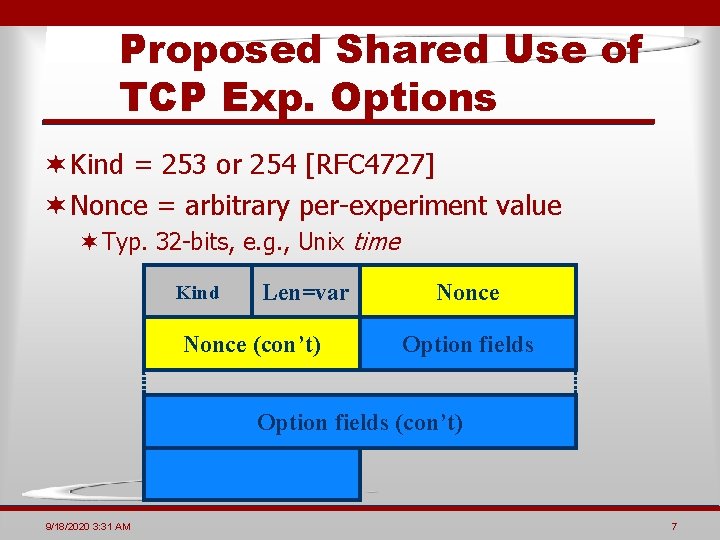 Proposed Shared Use of TCP Exp. Options ¬ Kind = 253 or 254 [RFC