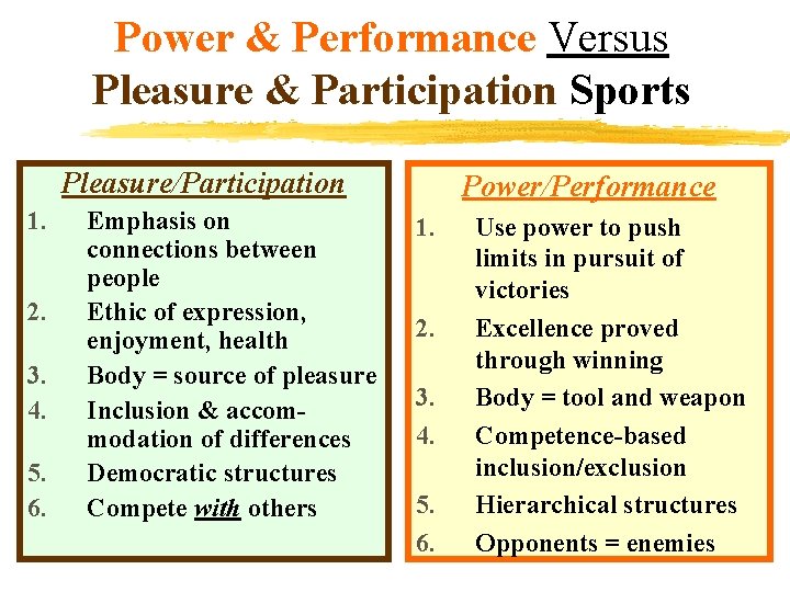 Power & Performance Versus Pleasure & Participation Sports Pleasure/Participation 1. 2. 3. 4. 5. Power & Performance Versus Pleasure & Participation Sports Pleasure/Participation 1. 2. 3. 4. 5.
