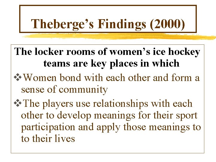 Theberge’s Findings (2000) The locker rooms of women’s ice hockey teams are key places Theberge’s Findings (2000) The locker rooms of women’s ice hockey teams are key places
