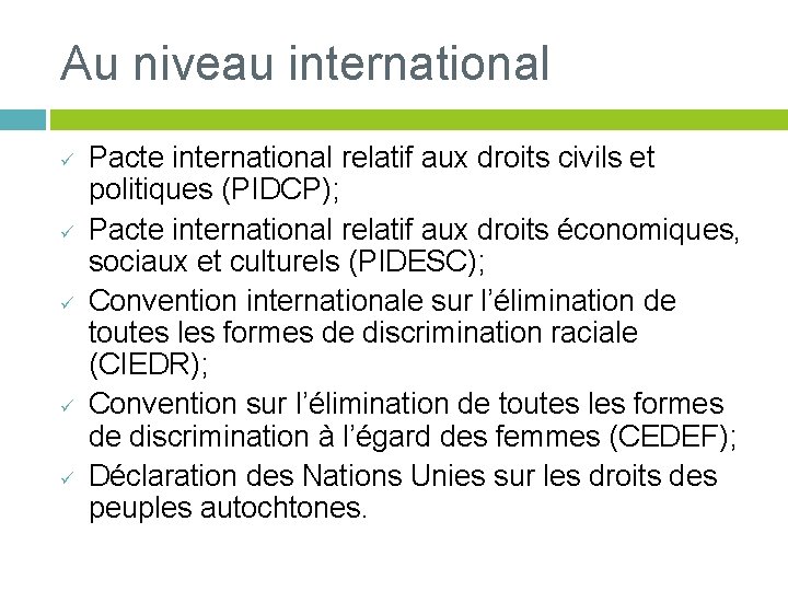 Au niveau international ü ü ü Pacte international relatif aux droits civils et politiques