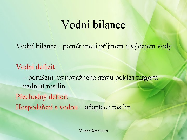 Vodní bilance - poměr mezi příjmem a výdejem vody Vodní deficit: – porušení rovnovážného