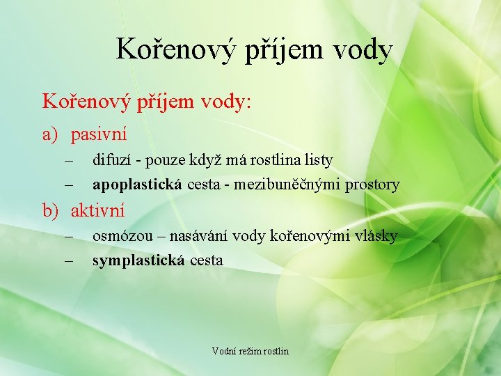 Kořenový příjem vody: a) pasivní – – difuzí - pouze když má rostlina listy