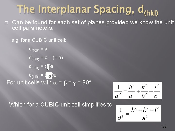 The Interplanar Spacing, d(hkl) � Can be found for each set of planes provided The Interplanar Spacing, d(hkl) � Can be found for each set of planes provided