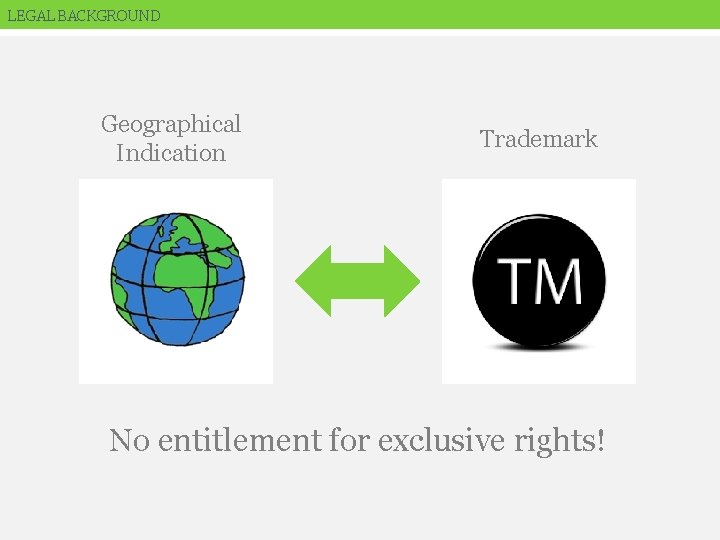 LEGAL BACKGROUND Geographical Indication Trademark No entitlement for exclusive rights! 