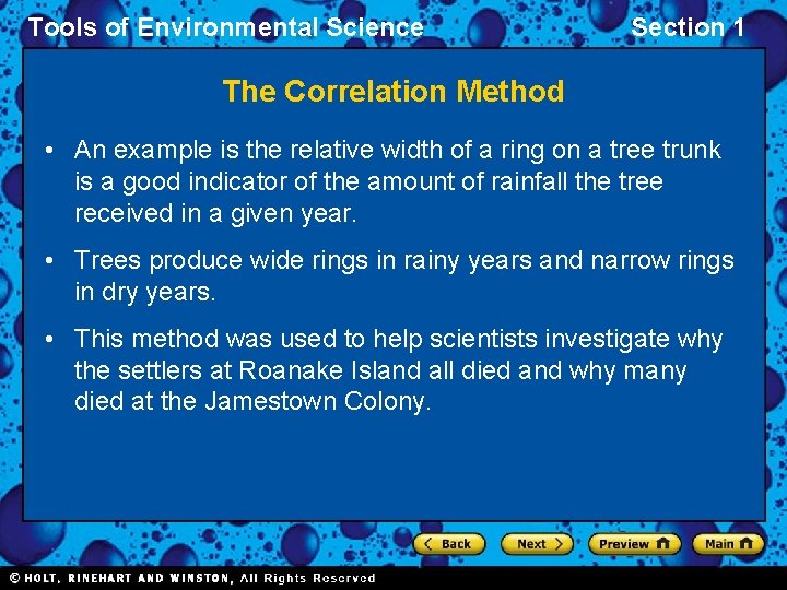 Tools of Environmental Science Section 1 The Correlation Method • An example is the