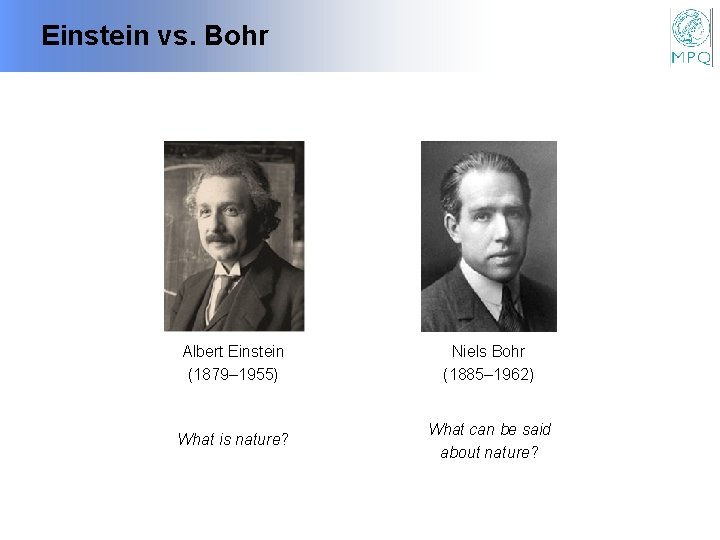 Einstein vs. Bohr Albert Einstein (1879– 1955) Niels Bohr (1885– 1962) What is nature?