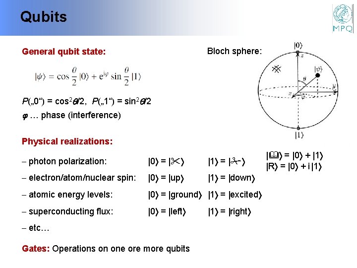 Qubits Bloch sphere: General qubit state: P(„ 0“) = cos 2 /2, P(„ 1“)