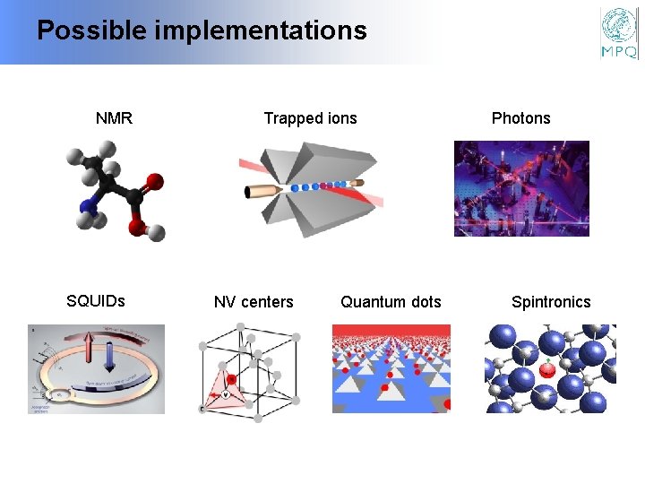 Possible implementations NMR SQUIDs Trapped ions NV centers Quantum dots Photons Spintronics 