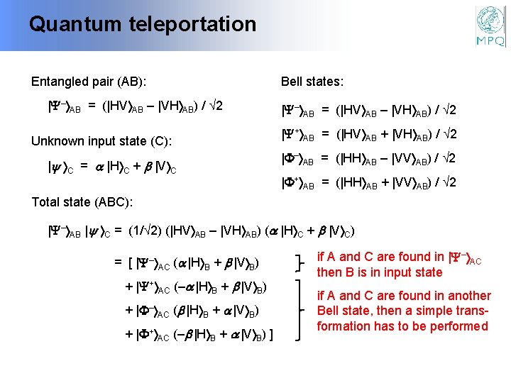 Quantum teleportation Entangled pair (AB): Bell states: | – AB = (|HV AB –