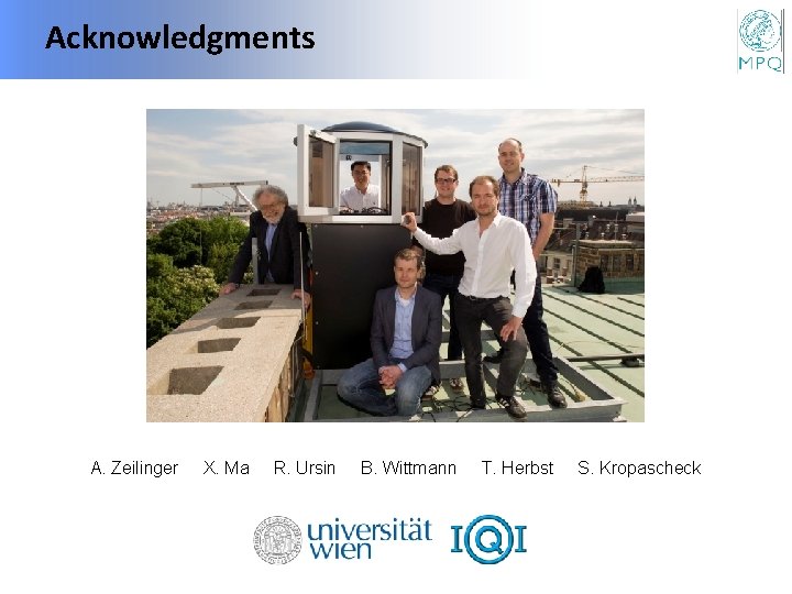 Acknowledgments A. Zeilinger X. Ma R. Ursin B. Wittmann T. Herbst S. Kropascheck 