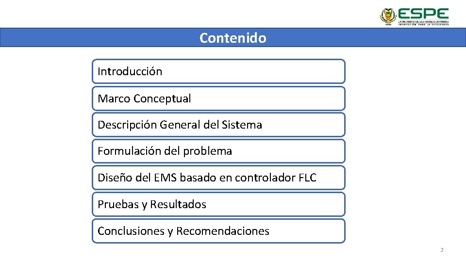 Contenido Introducción Marco Conceptual Descripción General del Sistema Formulación del problema Diseño del EMS