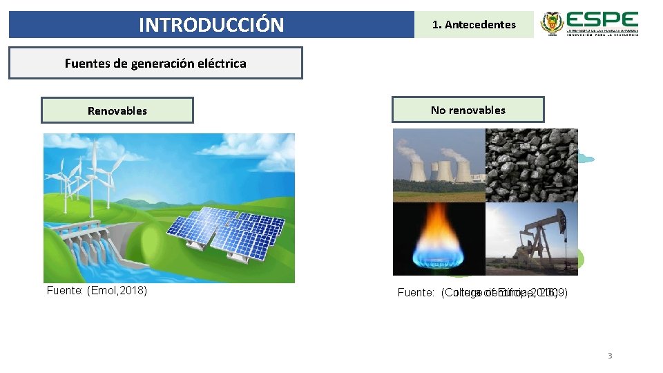 INTRODUCCIÓN 1. Antecedentes Fuentes de generación eléctrica Renovables Fuente: (Emol, 2018) No renovables Fuente: