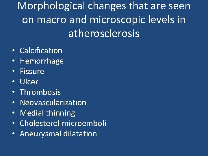 Morphological changes that are seen on macro and microscopic levels in atherosclerosis • •