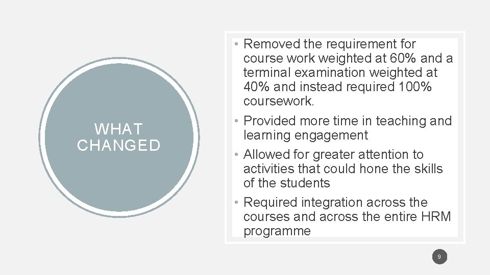 WHAT CHANGED • Removed the requirement for course work weighted at 60% and a