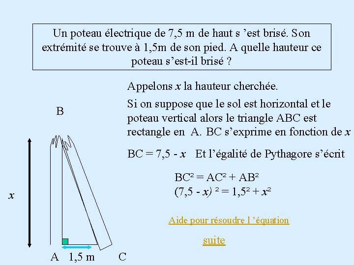 Un poteau électrique de 7, 5 m de haut s ’est brisé. Son extrémité Un poteau électrique de 7, 5 m de haut s ’est brisé. Son extrémité