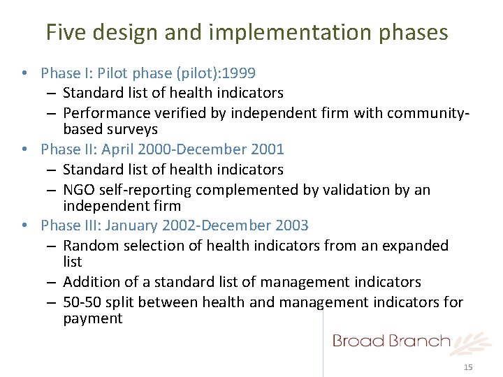 Five design and implementation phases • Phase I: Pilot phase (pilot): 1999 – Standard