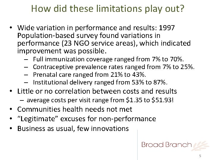 How did these limitations play out? • Wide variation in performance and results: 1997