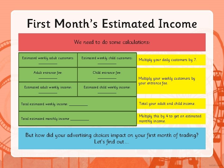 First Month’s Estimated Income We need to do some calculations: Estimated weekly adult customers: