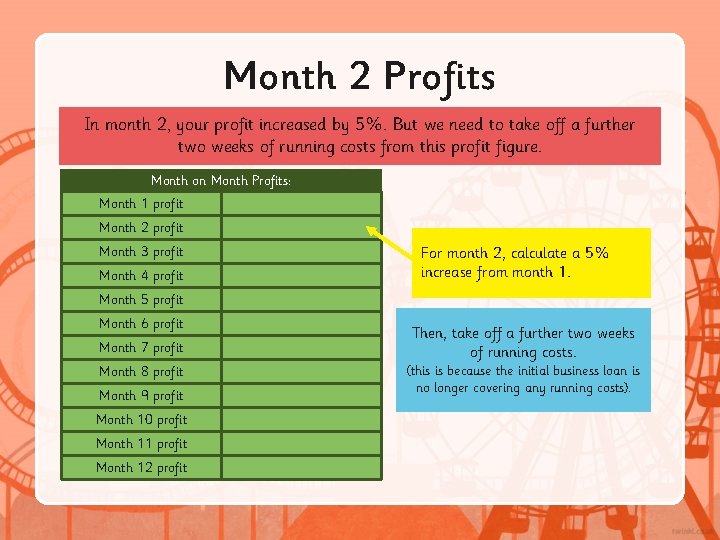 Month 2 Profits In month 2, your profit increased by 5%. But we need