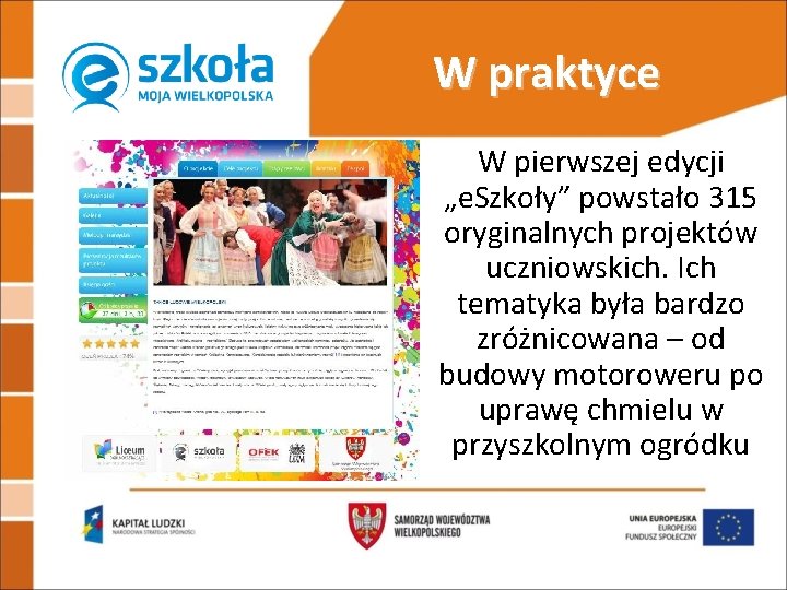 W praktyce W pierwszej edycji „e. Szkoły” powstało 315 oryginalnych projektów uczniowskich. Ich tematyka