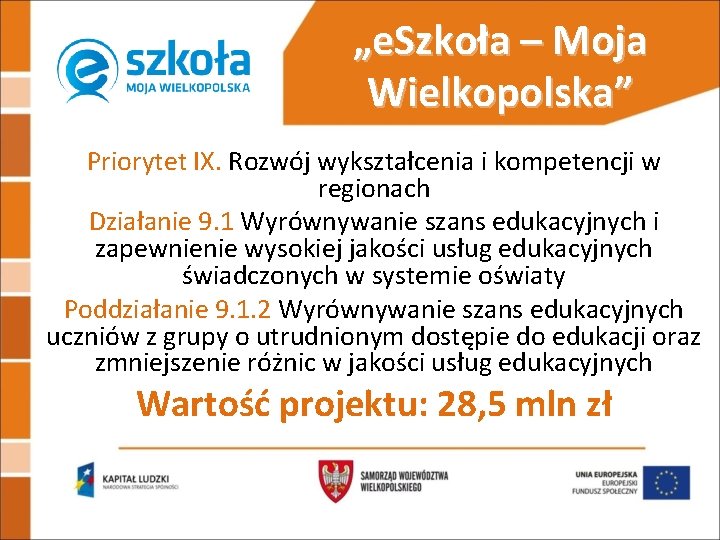„e. Szkoła – Moja Wielkopolska” Priorytet IX. Rozwój wykształcenia i kompetencji w regionach Działanie
