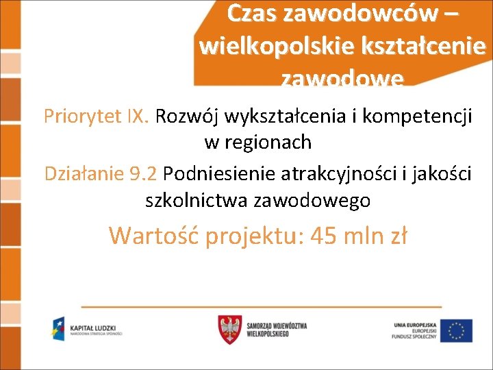 Czas zawodowców – wielkopolskie kształcenie zawodowe Priorytet IX. Rozwój wykształcenia i kompetencji w regionach