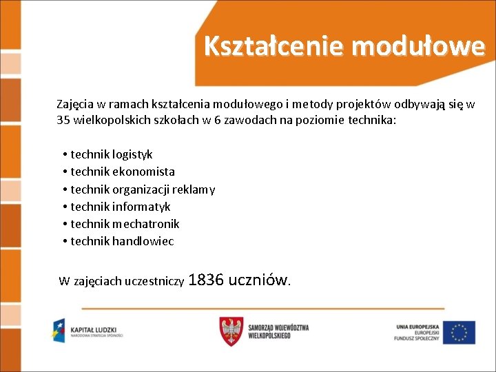 Kształcenie modułowe Zajęcia w ramach kształcenia modułowego i metody projektów odbywają się w 35