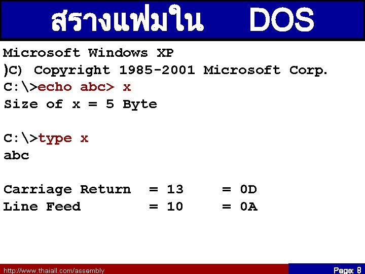 สรางแฟมใน DOS Microsoft Windows XP )C) Copyright 1985 -2001 Microsoft Corp. C: >echo abc>